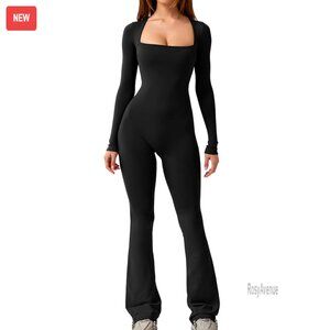Long Sleeve Square Neck Wide Leg Jumpsuit Nylon Blend Bodycon Fit